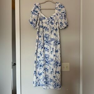 Blue and White Floral Midi Dress